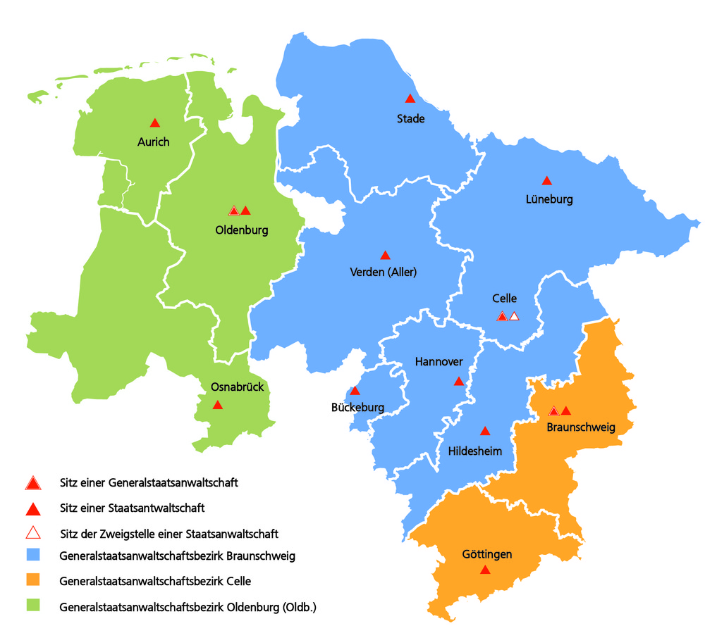 Übersichtskarte der Staatsanwaltschaften und Genralstaatsanwaltschaften  Nds. Landesjustizportal