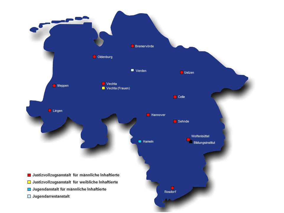 Karte von Niedersachsen mit markierten Orten, an denen sich eine Justizvollzugsanstalt oder Jugendanstalt befindet