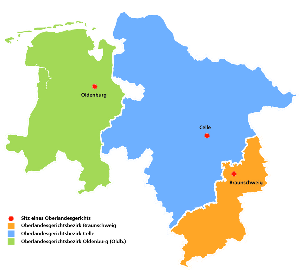 Übersichtskarte mit den Bezirken der Oberlandesgerichte