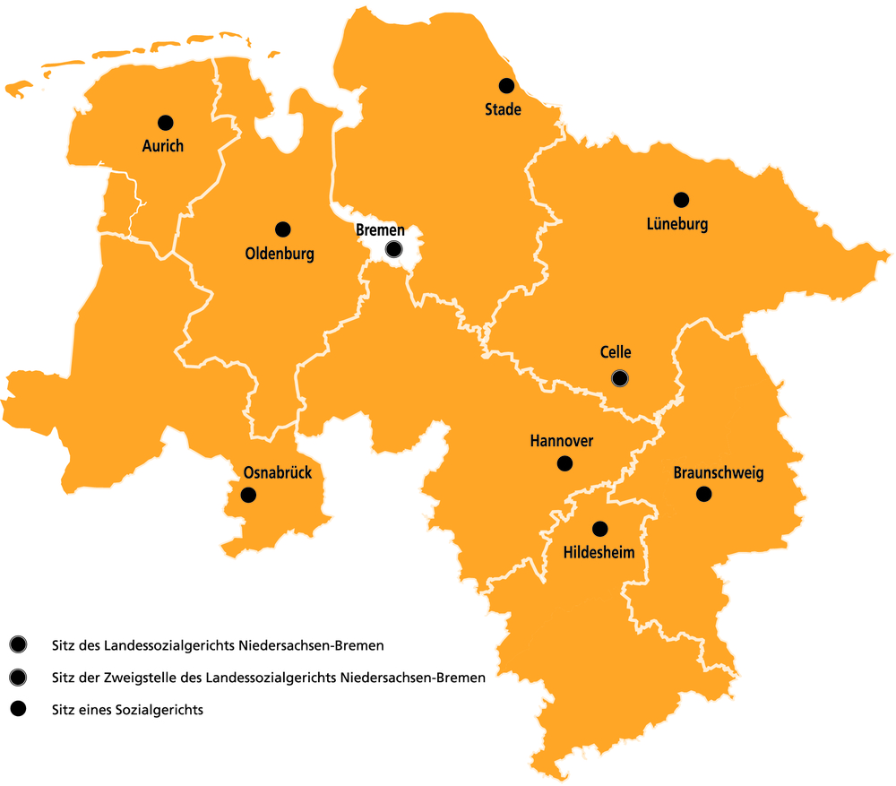 Übersichtskarte mit den Bezirken der Sozialgerichte